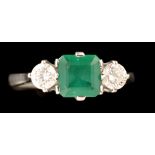 An emerald and diamond ring, the square facet cut emerald measuring 6.4 x 6.