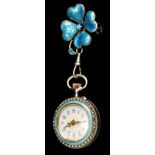 A silver cased enamel and seed pearl fob watch,