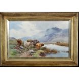 Thomas "Tom" Rowden (1842-1926) Highland cattle by a loch, signed and dated 1904, watercolour,