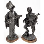 Pair of Japanese bronze okimono figures of shamisen players,