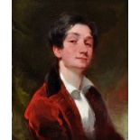 19th Century Irish School A bust portrait of a young man wearing a red coat with a velvet collar,