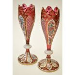 Pair of Bohemian ruby glass enamel flower vase,