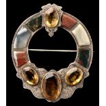 A Scottish citrine, hardstone (agate) and white metal brooch,