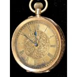 An 18k open faced pocket watch, with matted roman dial and foliate centre, 50grms gross,