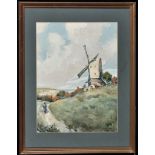 George B*** Bernard (late 19th/20th Century) "A Mill on the Sussex Downs", watercolour,