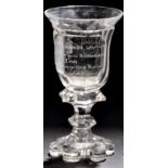 Dutch engraved Bohemian goblet, of hexagonal section with arms,