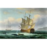 James Hardy (19th Century) Whaling ships operating off a headland, signed, oil on panel, 20.3 x 30.