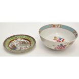 Chinese Famille Rose punch bowl, interior with floral burst enclosed by blue ground border,