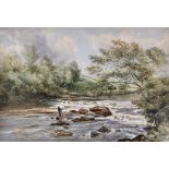 19th Century British School A river landscape with an angler near cascading water, watercolour, 37.