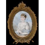 19th Century British School A miniature half-length portrait of a young woman in white evening