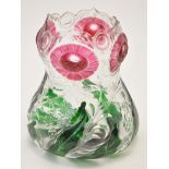 Rock crystal cut green and rose overlay glass vase, of double gourd form,