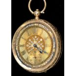 A late 19th Century 14k open faced pocket watch, with matted roman dial decorated foliate design,