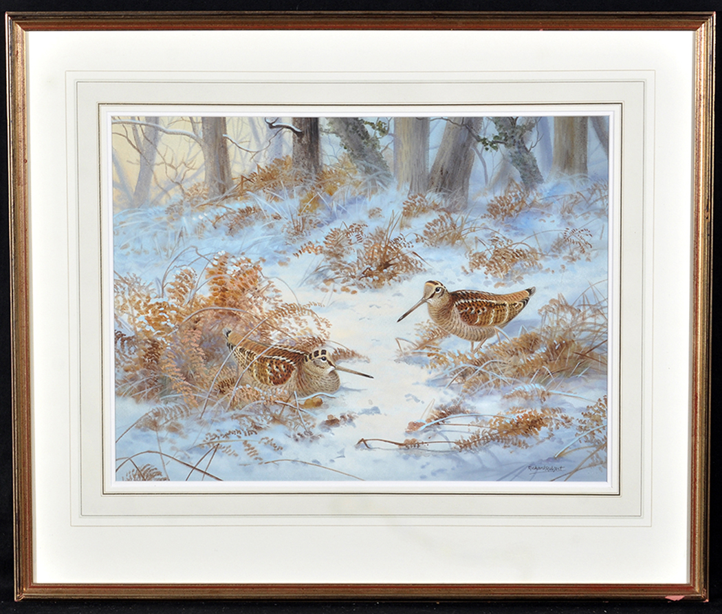 Richard Robjent (1978- ) "Courtship Display" - woodcock in the snow,