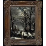 19th Century British School A winter scene with figures leaving church by moonlight, oil on board,