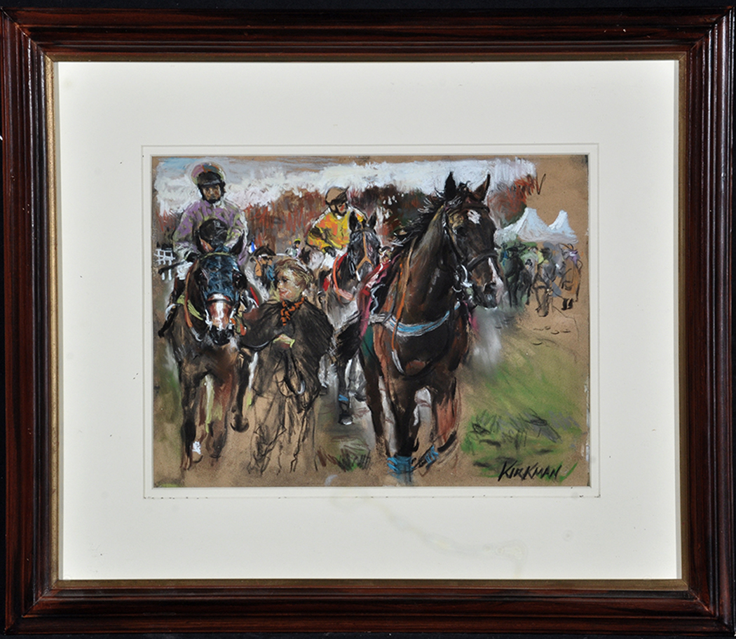 Jay Boyd Kirkman (1958- ) Race horses led from the winners enclosure, signed, pastel,