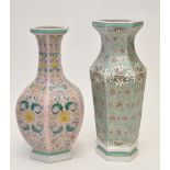 Two Chinese enamel ground vases, of hexagonal section,