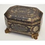 Chinese black lacquer Canton tea caddy, rectangular form with canted corners and gilt decoration,