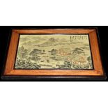 Chinese framed ceramic panel, painted with figures and buildings within lakeland landscape,