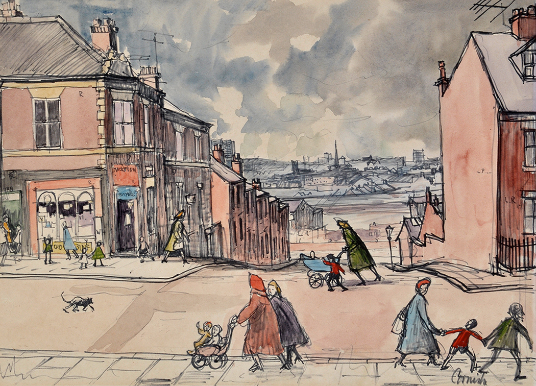 Norman Stansfield Cornish (1919-2014) "Street Scene" - a view in Tyneside with women and children,