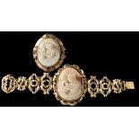 A Victorian carved shell cameo and yellow metal bracelet,