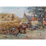 John Atkinson (1863-1924) A horse cart in a farmyard with two men building a haystack, signed,