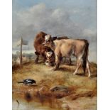 George William Horlor (1849-1895) Three calves by a signpost on the road to Dorking, signed,