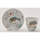 Chinese famille rose tea bowl and saucer, with bird pecking at spider's web, tea bowl diameter 11.