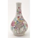 Chinese Famille Rose pear-shaped vase, with exotic birds perched amongst rockwork and flower blooms,