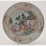 Chinese famille rose dish, with figures working within pavilion and terrace setting,