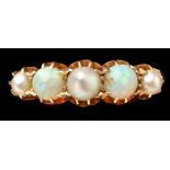 An opal and pearl ring, the two opal beads parted by three pearls in 18ct.