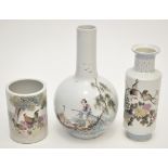 Two Chinese Famille Rose vases and a Bitong, painted with figures in a boat,
