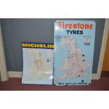 'Firestone Tyres' enamel advertising sign, decorated with the road map of England and Wales,