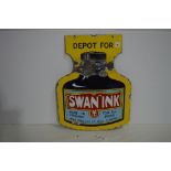 'Swan Ink' enamel advertising sign in the form of a bottle of ink, 43 x 56cms.