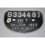 A mid 20th Century engine plate B334487, for a 24 1/2 Ton engine, Shildon 1959, LOT no.3221, 28cms.