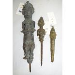 Yoruba bronze ritual staffs (Edan Ogboni) depicting maternity figure kneeling female; and another,