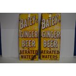 Two 'Batey's Ginger Beer & Aerated Waters' enamel advertising signs, 36 x 91cms.