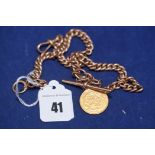 A 9ct. yellow gold albert watch chain with a South African 1 pond gold coin, 1898 inscribed, 65.