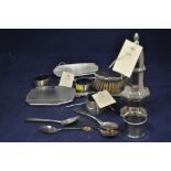 Silver items, to include: a sugar castor, two brushes, an Art Deco hand mirror,