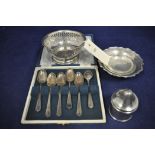 A set of six silver teaspoons in fitted case; together with two silver dishes,