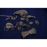 Marcasite set jewellery, brooches and earrings.