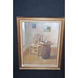 An oil painting, by P.A. Bill - still-life of chair and barrel, signed and dated '75.