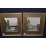 Watercolours, by W. Wray - thatched cottages and a bridge over a river, signed.