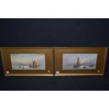 Watercolours, by W. Wray - ships on the sea with a city in the distance, signed.