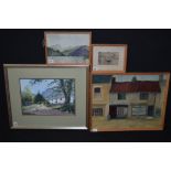 Watercolours - "An Old Corner in Olverston"; and a mountainous landscape with lake,