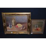 Oil paintings, by P.A. Bill - cheese on board; glasses of water and an apple, one signed.