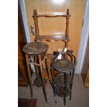 Four tier graduating Victorian whatnot; folding cake stand and bent wood two tier plant stand.