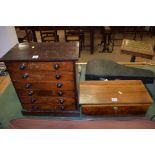 A wooden miniature chest of drawers; and a mid 20th Century sewing box.