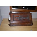 Small carved mahogany wall hanging corner cupboard, 62cms.