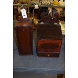 Two late 18th Century mahogany candle boxes, one with hinged flap and drawer in the base,