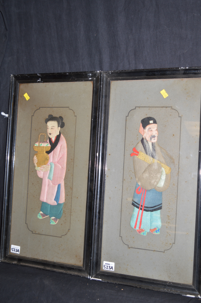 Japanese fabric collages depicting women in kimono holding basket and man holding scroll.